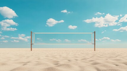 Beach Volleyball Net on Sandy Court under Sunny Sky with Clouds