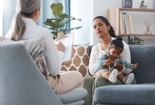Counseling, therapy and advice with baby and mother for postpartum depression, psychology and mental health. Consulting, healthcare and trauma with woman and child in clinic for stress and support