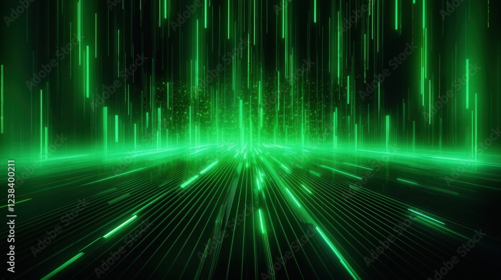 Poster abstract green light rays in 3d render for backgrounds and visual effects, radiating lines and patte