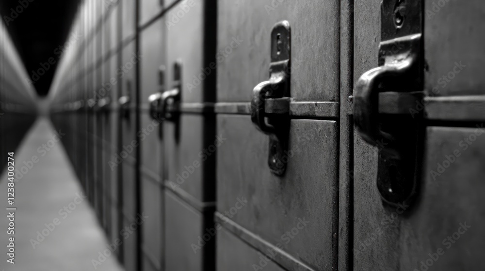 Poster metal lockers in a dimly lit hallway with perspective view creating a sense of depth and mystery