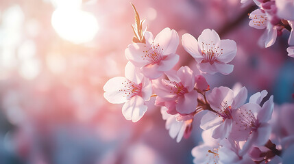Obraz premium Beautiful spring background with cherry blossom trees in full bloom, soft pink petals covering the branches, gentle sunlight filtering through, serene and romantic atmosphere