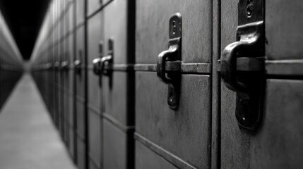 Metal Lockers in a Dimly Lit Hallway with Perspective View Creating a Sense of Depth and Mystery
