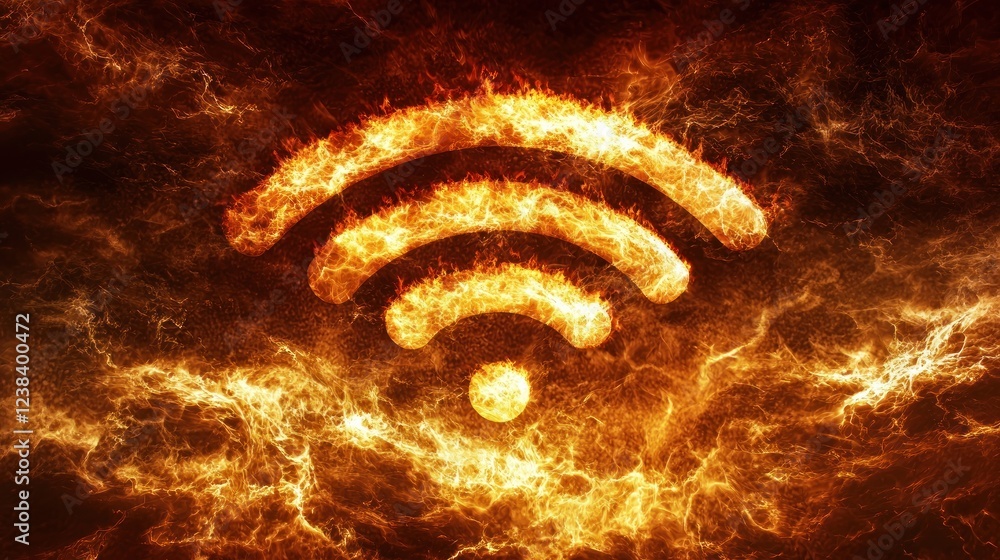 Poster Fiery Wireless Signal Icon on a Dramatic Fiery Background Representing Digital Connectivity and Technology Power