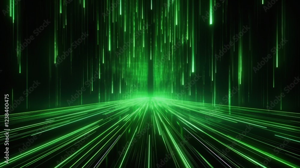 Poster futuristic abstract 3d render of green light beams creating a dynamic background with vertical lines
