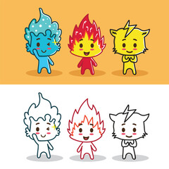 Three cute elemental mascot set for design element or coloring book element