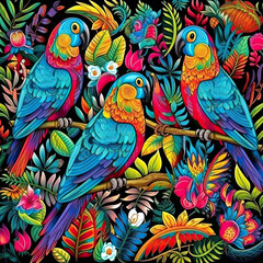 Obraz premium Seamless pattern with colorful parrots and leaves.