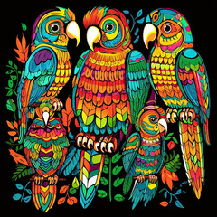 Fototapeta premium Set of colorful parrots on a black background.