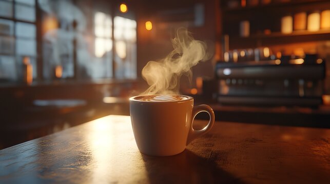 A steaming mug of coffee sits in a cozy caf?, enveloped in a soft, warm glow. Smoke gently curls from the cup's surface, adding a touch of allure to the aromatic brew. 