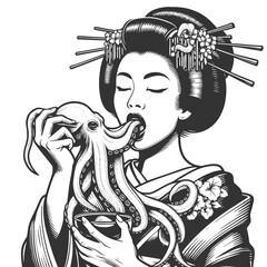 Naklejka premium Japanese woman in a kimono with hair accessories, eats an octopus in surreal composition sketch engraving generative ai vector illustration. Scratch board imitation. Black and white image