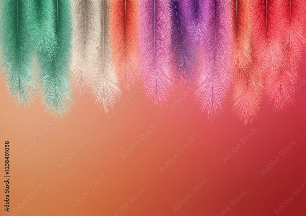 Poster a vibrant, abstract design featuring colorful, feathery patterns cascading down against a warm gradi