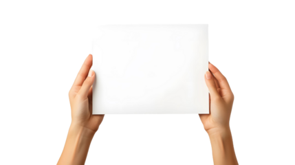 Hand holding blank paper on a transparent background. isolated background.