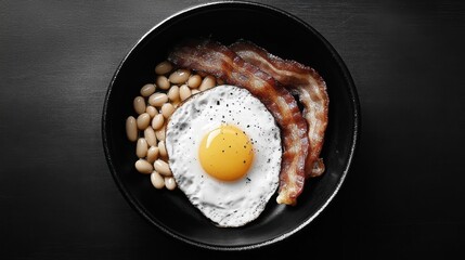 A stylish black-and-white professional photo of a full English breakfast, emphasizing textures 