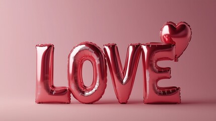 Red metallic "LOVE" balloon letters with a red heart balloon on a light - pink background, ideal for Valentine's Day.