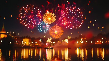 Fototapeta premium A vibrant fireworks display illuminates the night sky, reflecting on water, creating a festive and enchanting atmosphere.