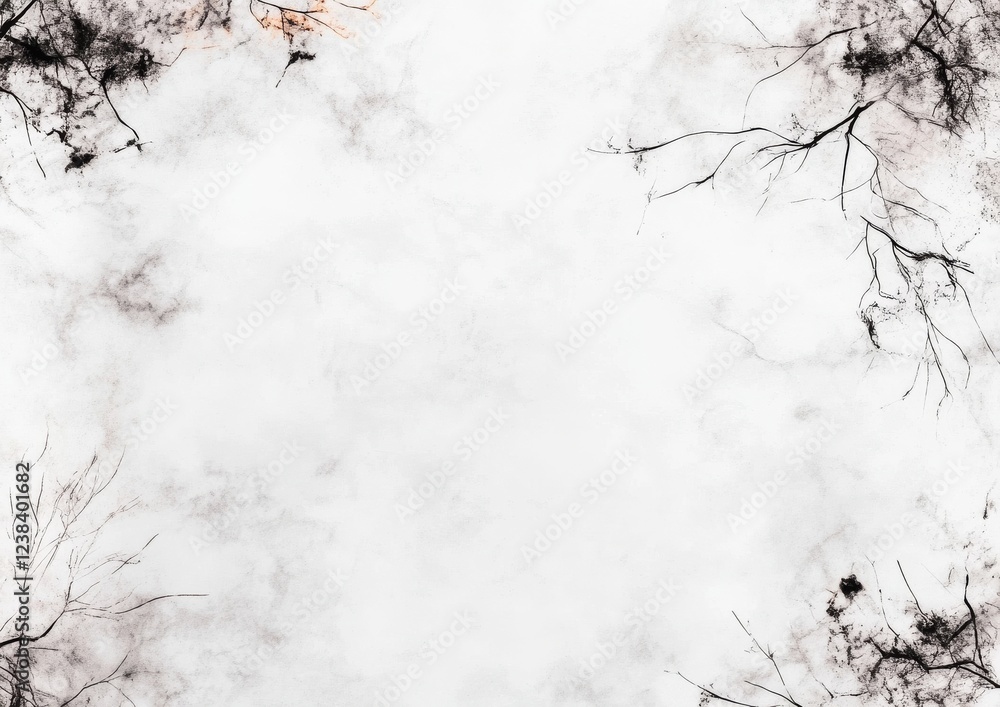 Poster a misty landscape with bare tree branches framing a soft, white background, creating a serene and et