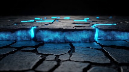 Cracked stone surface with glowing blue digital data
