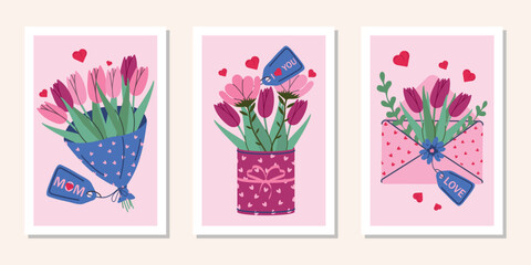 A set of cute hand-drawn postcards or posters with bouquets of flowers for mom. Vector illustrations for invitations, greeting cards, posters and more.