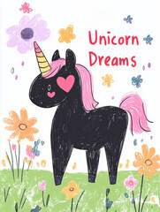 Gothic unicorn with glowing heart horn prancing in "Unicorn Dreams" flower meadow: Dark Love Reaper Valentine Illustration T-Shirt Designs