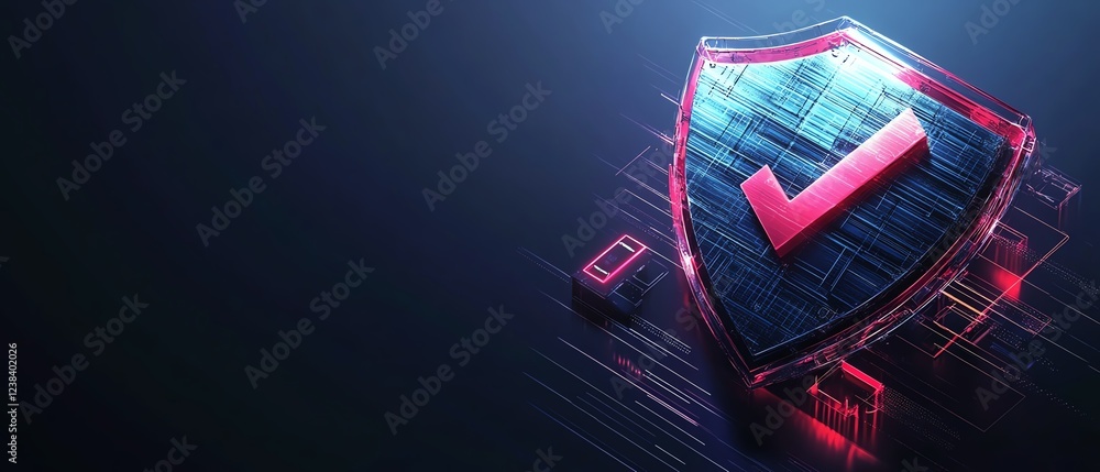 Poster a 3d digital shield with a vibrant checkmark, futuristic interface elements and digital locks, symbo