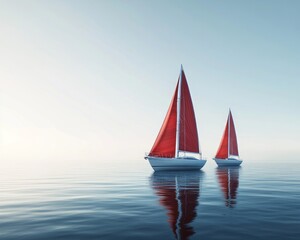 Fototapeta premium Sailing yachts in the harbor with reflections in the water, simple and realistic style, white background, perspective composition.
