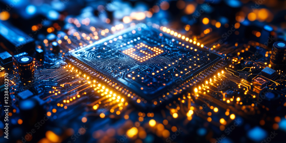 Poster futuristic circuit board interface representing blockchain technology and digital innovation