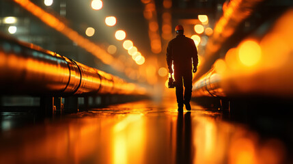 Fototapeta premium worker in industrial setting walks through illuminated pipes, showcasing oil and gas industry