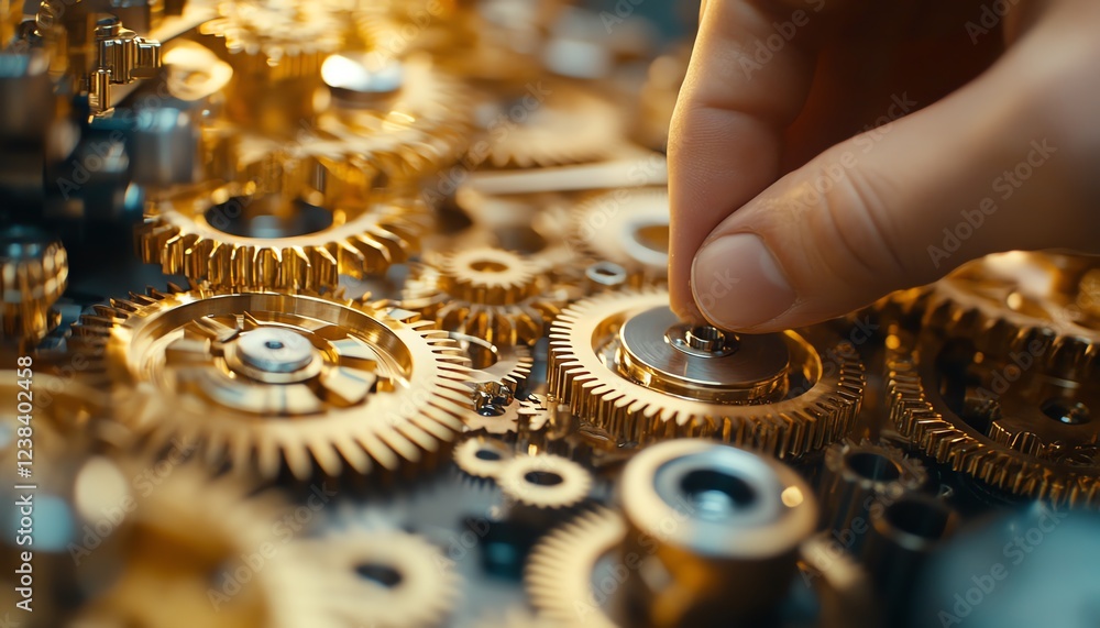 Aufkleber a closeup of golden gears being controlled by a hand, with soft lighting and technological elements,