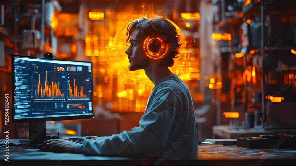 Poster a young man working on a computer with glowing futuristic headphones and data visualization in an am