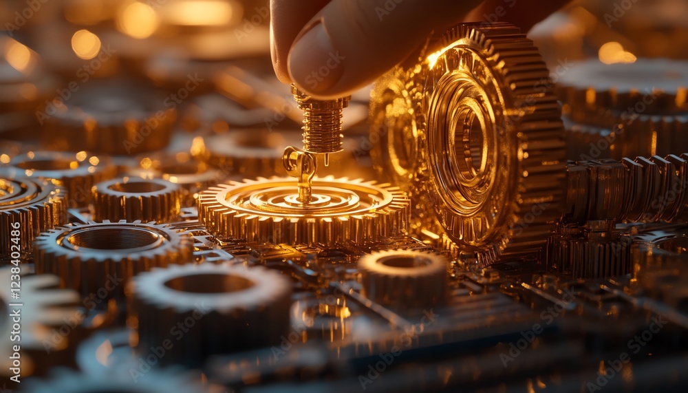 Aufkleber a closeup of golden gears being controlled by a hand, with soft lighting and technological elements,