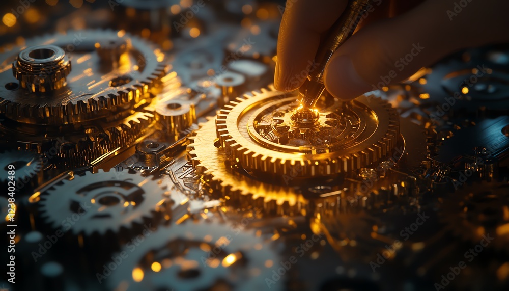 Aufkleber a closeup of golden gears being controlled by a hand, with soft lighting and technological elements,