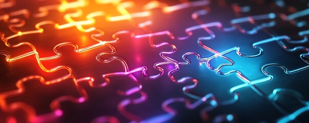 A closeup of brightly colored puzzle pieces being connected, with glowing edges, symbolizing creative problemsolving and finding solutions