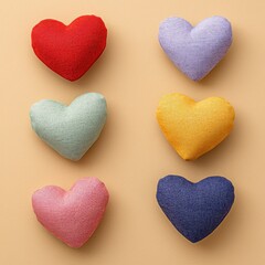 Fototapeta premium Colorful Fabric Heart Cushions Arranged on Beige Background Valentine s Day Decor