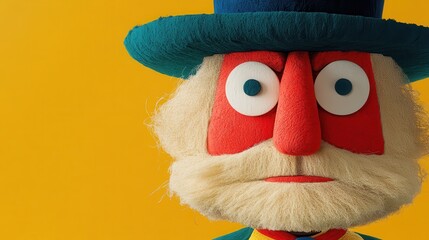 Fototapeta premium A colorful puppet character with exaggerated features, wearing a blue hat and a vibrant outfit, set against a bright yellow background.