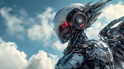 A cyberpunk angel with mechanical wings.