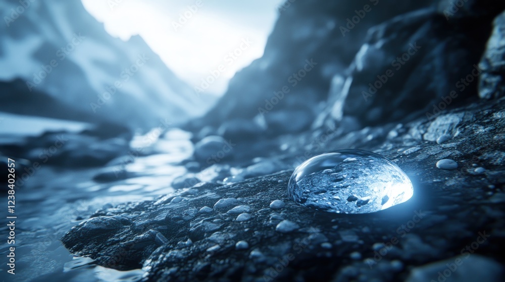 Poster glimmering water droplet on rocky surface with mountains in background and soft reflections in misty