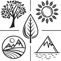 Obraz premium Nature and Environment Icons - Tree, Mountain, Water, Leaf, and Sun Symbols