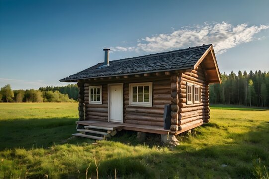 Small wooden cabin in a green field surrounded by trees under a clear blue sky captured in a tranquil rural setting with no people.