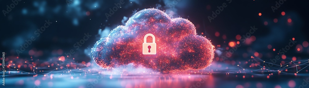 Poster a cloud with a large glowing lock symbol, surrounded by secure digital connections and encrypted dat