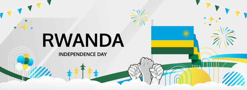 Happy independence day Rwanda. Horizontal poster of Rwanda national day with flag. July 1. Festive design concept for holiday celebration banner, greeting card, feast and congratulations