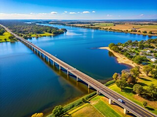Fototapeta premium Aerial View: Yarrawonga Lake Mulwala Bridge, Road Crossing Scenic Landscape