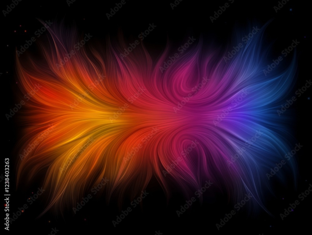 Poster a vibrant, swirling pattern of colors blending from orange to purple against a black background, cre