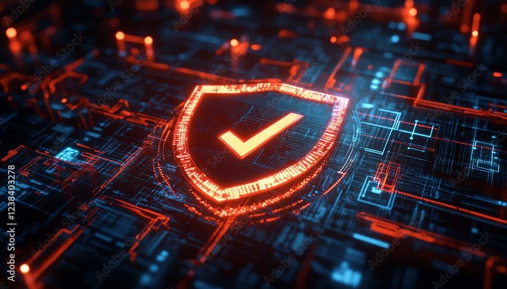 Poster a digital shield with a prominent checkmark, surrounded by cybersecurity icons and glowing data grid