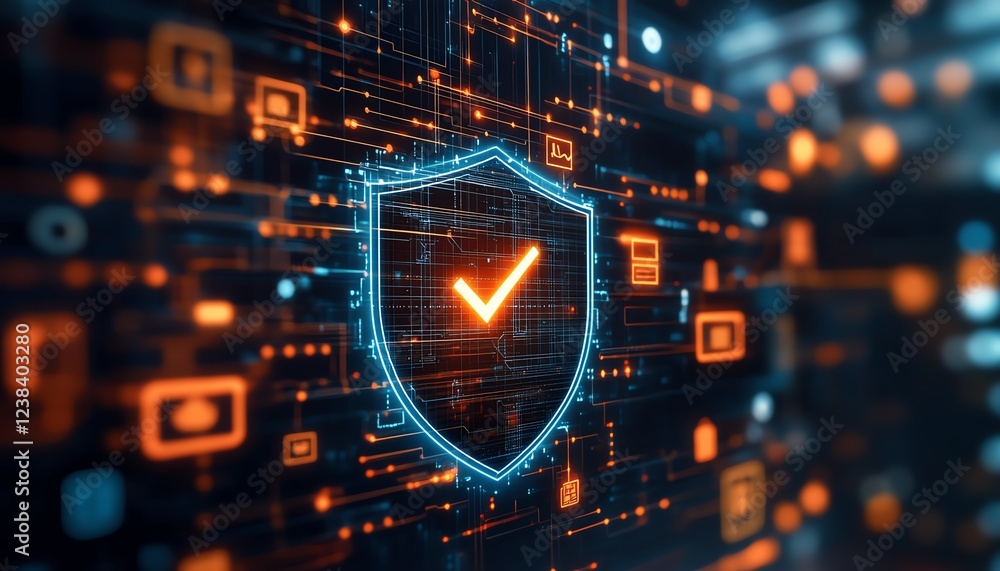 Poster a digital shield with a prominent checkmark, surrounded by cybersecurity icons and glowing data grid