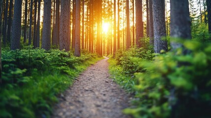 Golden hour forest nature concept. Serene forest path illuminated by warm sunset light and surrounded by vibrant greenery.