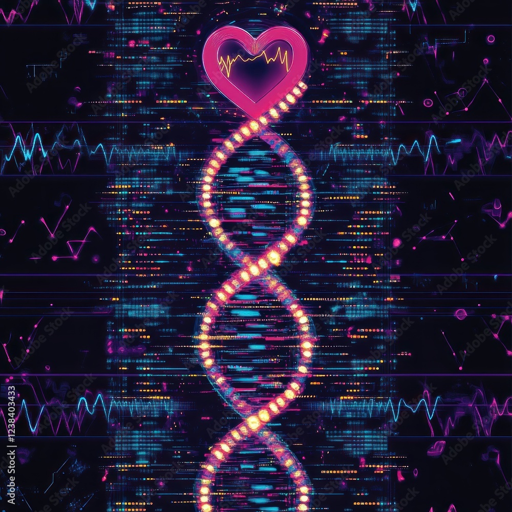 Poster abstract representation of heartbeat and dna with colorful lights and waveforms on dark background