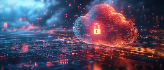 A futuristic cloud with a glowing lock symbol, connected to secure digital pathways, symbolizing safe and controlled access management in the cloud