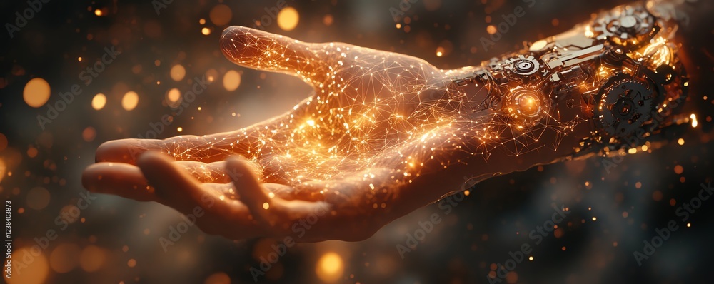 Aufkleber a hand engaging with interconnected gears, illuminated with bright, flowing light, symbolizing colla