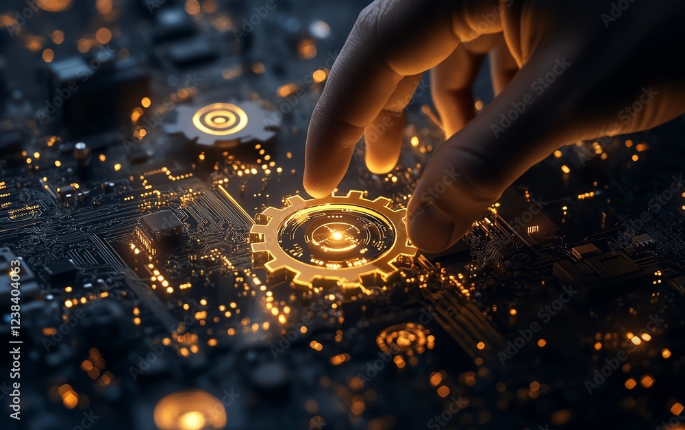 Aufkleber a hand precisely adjusting golden gears, surrounded by glowing digital circuits, symbolizing expert 