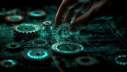 Obraz premium A hand guiding interconnected gears, surrounded by a glowing tech grid, symbolizing smooth collaboration and system integration