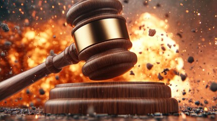 Dramatic Court Gavel Surrounded by Explosive Background with Debris Flying in a Powerful Display of Justice and Legal Authority